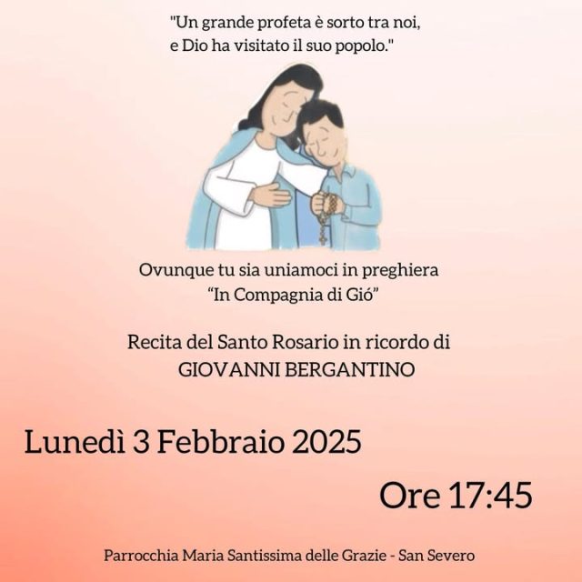 🙏🏻 | ROSARIO Uniamoci in preghiera per affidare a Maria, attraverso il cuore puro di Giovanni, le nostre paure,le nostre sofferenze e tutti quei bambini, giovani e adulti che stanno affrontando una prova difficile... 📅 | Lunedì 3 Febbraio 2025 - ore 17.45 ⛪️ | Parrocchia Maria SS. delle Grazie - San Severo Ti aspettiamo ❤️